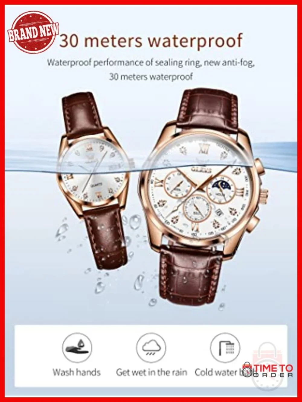 Chronograph Leather Dress Watch with Luminous Moon Phase Date